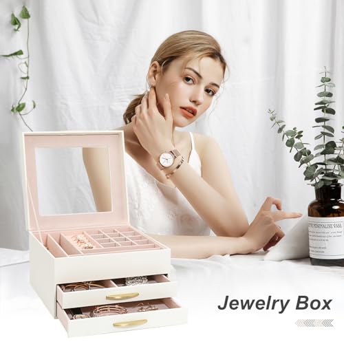 Jewelry Organizer Box with Glass Lid, Women Jewelry Box White Jewelry Case 3-Layer with 2 Drawers, Jewelry Organizer Jewelry Box, Glass Lid White - color: A Glass Lid White