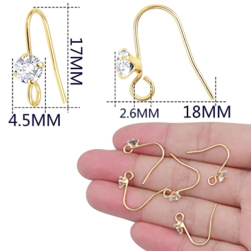 30pcs 14K Golden Diamond Earring Fish Hooks Hypo-allergenic French Rhinestone Ear Wire Connector for Women DIY Earrings Jewelry Making - color: Gold