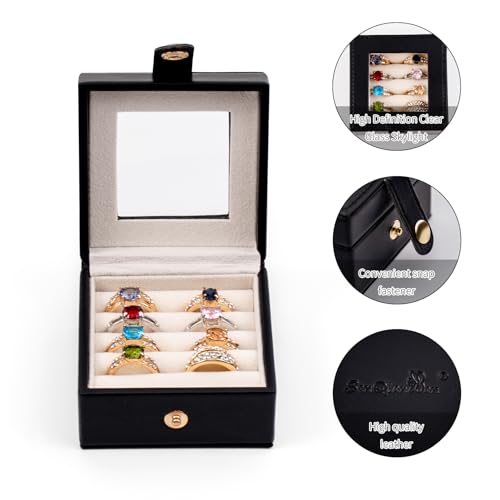 Small Leather Jewelry Box with Glass Top Mini Ring Display Case with 4 Slots for Selling Gift for Girls and Women (Black) - color: Black