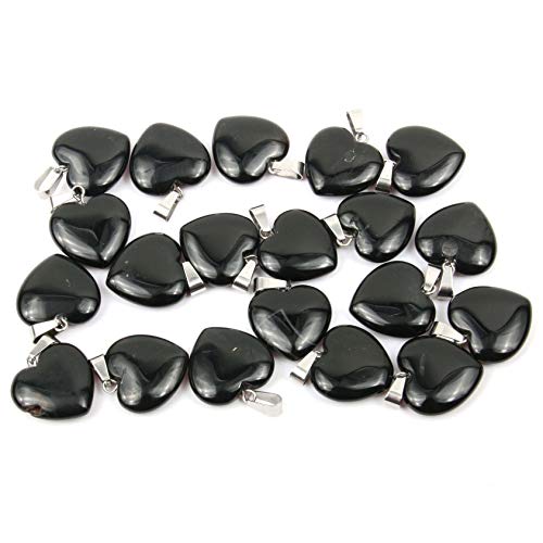 LE SKY 20 Pcs natural stone pendants heart shape healing stone charms for jewelry making - color: black agate
