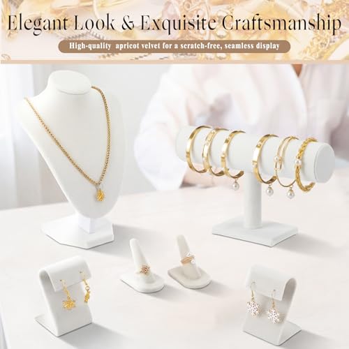 Wenqik Velvet Jewelry Display Set Necklace Mannequin Bust T-Bar Bracelet Holder 2 Earring Stands 2 Ring Holders for Showcase (White) - color: White