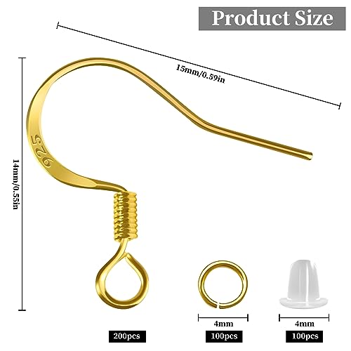 200 PCS/100 Pairs Earring Hooks Hypoallergenic 925 Sterling Silver Plated 18K Gold Tone Ear Wires Fish Hooks with 100 PCS Clear Silicone Earring Backs and 100 PCS Jump Rings for DIY Jewelry Making - color: 18K Gold
