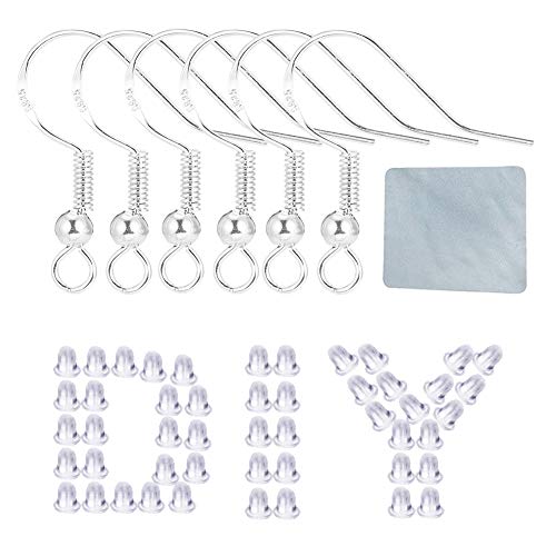 Silver Hypo-allergenic Earring Hooks - 120 Pcs /60 Pairs S925 Sterling Silver Plated Ear Wires Fish Hooks for Jewelry Making, Jewelry Findings Parts with Rubber Earring Backs Stopper for DIY Earrings - color: Regular Silver 1