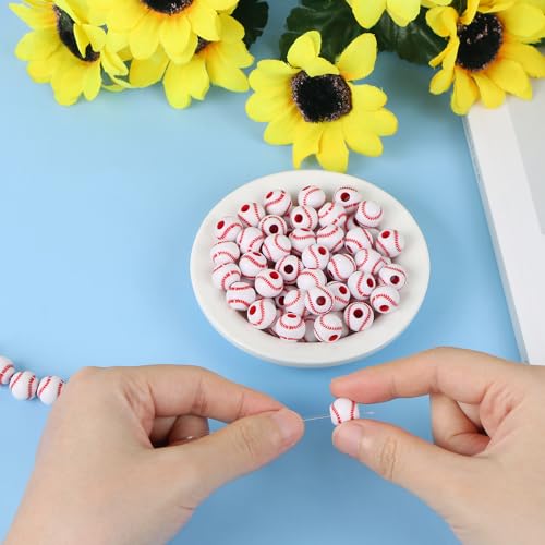 100pcs Baseball Beads with 5.5 Yard Elastic Rope,Acrylic Softball Beads Sports Bead DIY Spacer for Necklace Bracelet Keychains Handmade Jewelry Making Accessories Craft Supplies,12mm(White) - color: White Baseball