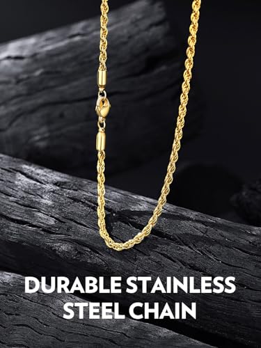 Bandmax Solid 1.5mm/2mm/3mm/6mm Rope Chains for Men Women 14K Gold Plated/Black Plated Stainless Steel Twist Chain 16-30 Inches, with Gift Box - color: 08 3MM Gold Plated