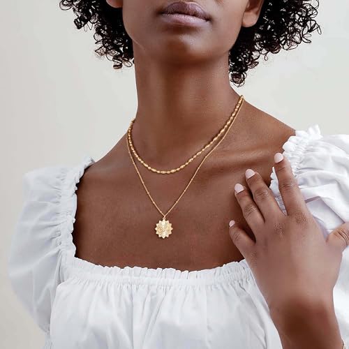 Dremmy Studios Dainty Gold Choker Necklace for Women 14K Gold Plated Coin Disc Figaro Layered Beaded Flat Mariner Sideways Cross Wishbone Link Clavicle Necklaces - style: 3.0mm Beaded Chain