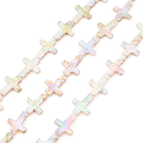 Beadthoven 36Pcs Cross Natural Freshwater Shell Beads 14.5x12mm Colorful Drawbench Painted Crucifix Cross Beads Small Jesus Christian Crosses Gemstone Loose Spacers for DIY Jewelry Making - color: Iridescent