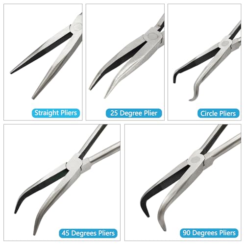 5 Pack 11" Precision Long Nose Pliers Set with Insulated Comfort Grip Handles,Straight Long Needle Nose Pliers, 25/45/90° Curved & Circle for Wire Shaping/Trimming - size: 5pcs-11"