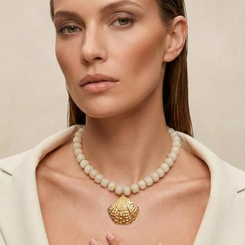 Chunky Beaded Starfish Shell Necklace for Women Colorful Boho Summer Chain Choker Beach Necklace with Acrylic Beads Trendy Chunky Jewelry Gifts - color: White
