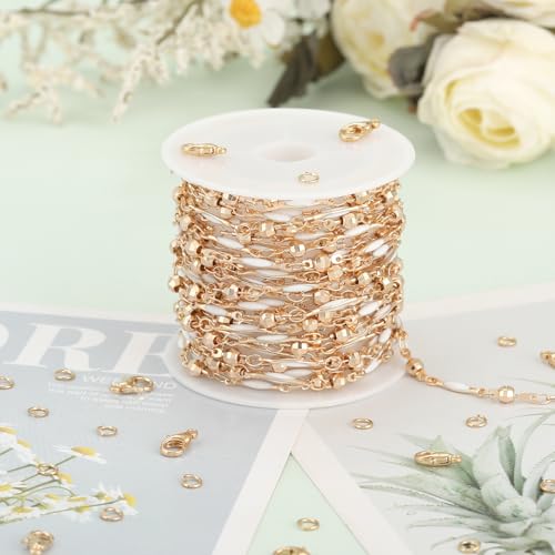 KYUNHOO 4 Meters Satellite Beaded Chain for Jewelry Making White Oil Drip Chain Link Gold Plated Brass Chain Spool for Women Making Jewelry Crafting Finding Supplies - color: Stick White