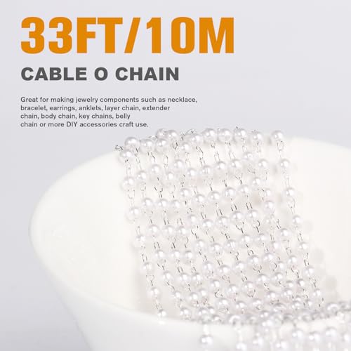 33 Feet Silver Pearl Beads Chains Roll, 3mm Faux Pearls Beaded Silver Plated Brass Cable Link Chain Spool Bulk for Jewelry Making DIY Craft - color: 3.0MM Silver Color