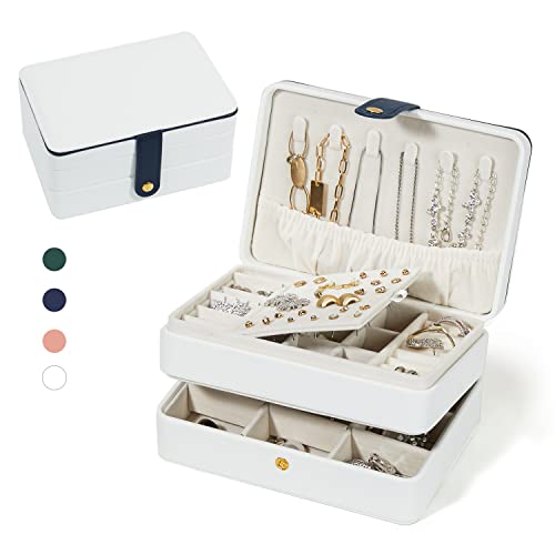 Travel Jewelry Case, Portable Jewelry Organizer Box with 3 Layers PU Leather Storage for Earrings, Necklaces, Rings, Bracelets, Compact Jewelry Gift for Women, Christmas Gifts(White) - color: PU-White