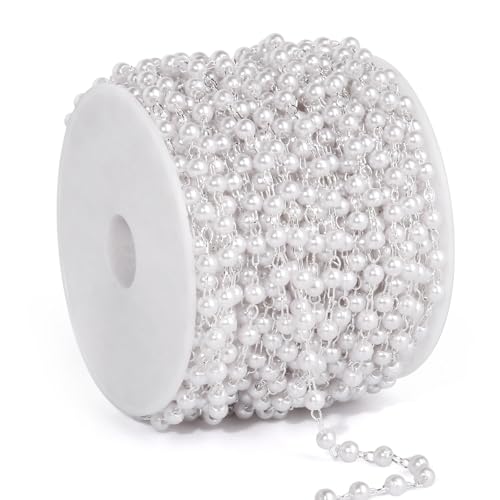 33 Feet Silver Pearl Beads Chains Roll, 4mm Faux Pearls Beaded Silver Plated Brass Cable Link Chain Spool Bulk for Jewelry Making DIY Craft - color: 4.0MM Silver Color