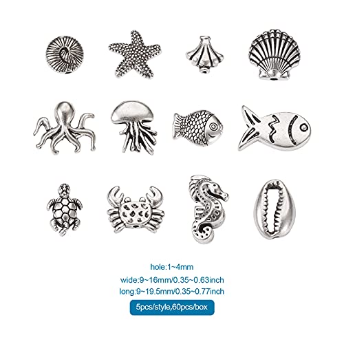 Fashewelry 60pcs Ocean Animal Tibetan Loose Spacer Beads Turtle Shell Fish Antique Silver Sea Life Creatures Alloy Western Beads for Necklace Bracelet Earring Craft Jewelry Making Supplies - color: Antique Silver, 12 Styles