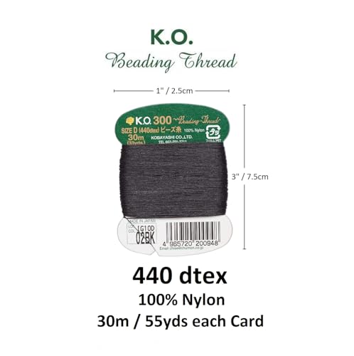 KO Beading Nylon Thread Black, 33 Yards / 30 Meters Card, Size D 440dtex / 0.15mm Diameter, Pre-Waxed Nylon Thread.