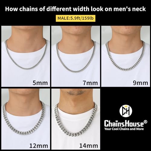 ChainsHouse Stainless Steel Mens Cuban Link Chain, Black/ 18K Gold Plated Miami Cuban Chain Necklace, 5mm/7mm/9mm/12mm/14mm Width, No Tarnish& Durable Hip Hop Mens Jewelry, 18"-30", Send Gift Box - color: a. 5mm width-steel, size: 18 inches