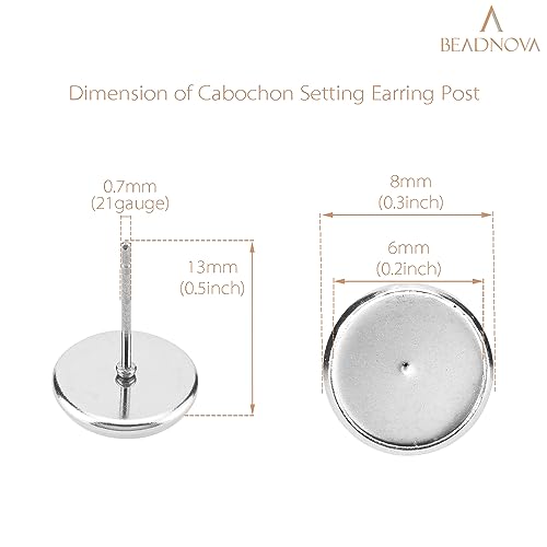 BEADNOVA Cabochon Setting Post 60pcs Blank Earring Studs 6mm Stainless Steel Cabochon Setting Ear Stud with Stainless Steel Earring Backs for Resin DIY Earstuds Making (6mm, 60pcs) - color: 60pcs, size: 6mm