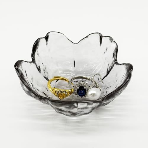 Flower Ring Dish Jewelry Tray, Glass Jewelry Dish Tray, Aesthetic Room Decor Small Trinket Dish, Nightstand Jewlery Ring Holder Dish, Bathroom Jewelry Plate Bowl for Rings Earrings Gift (Smoky Gray) - color: Smoky Gray