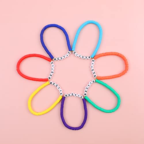 Rainbow Heishi Surfer Bracelets Set for Women Stackable Clay Beaded Bracelets Disc Stretch Preppy Bracelets Layering Colorful Friendship Bracelets Team Cheer Bulk Boho Summer Beach Jewelry Gift - style: BESTIE