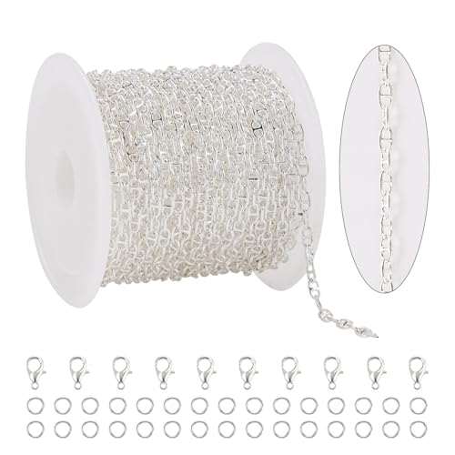 KYUNHOO 16.4 Feet Silver Plated Chains for Jewelry Making Thin Anchor Link on Spool Small Chain for Crafts DIY with Jump Rings Lobster Clasps - color: Bean Silver
