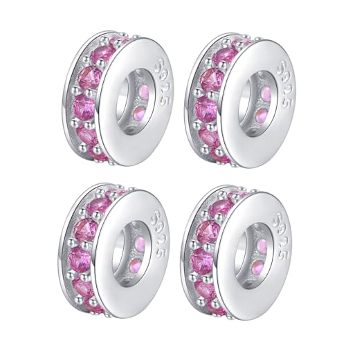 Clip Stopper Charms Sterling Silver Rondelle Spacer Bead Charm Stopper Charm for Pandora Charm Bracelets - color: Pink (4 pcs )