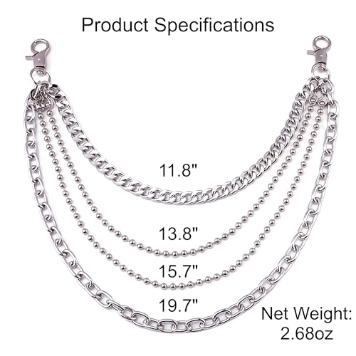 Layered Punk Pants Chain for Men Women, Gothic Hip Hop Jean Chain Wallet Chain Biker Trouser Chain, Goth Emo Fashion Keychain Accessories - color: 4L-Silver Chain