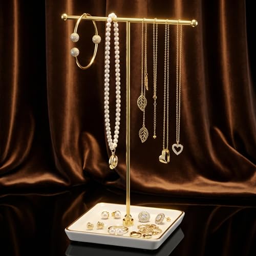 galasily Jewelry Holder Stand with Ceramic Base: 12" Tall Necklace Organizer Rack, Tree Design Display Storage for Necklaces, Bracelets, Rings, Earrings, Aesthetic Vintage Room Décor (Gold) - color: Gold