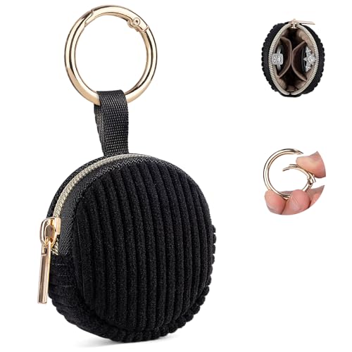 Jewelry Ring Holder Keychain, Portable Jewelry Holder Storage Box with Buckle, Corduroy Small Travel Ring Keeper Case for Rings, Earrings, Stud, Necklaces (Black) - color: Black