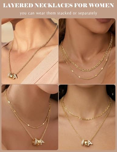 Layered Gold Necklaces for Women, 14K Gold Plated Dainty Cubic Zirconia Rondelle Initial Pendant Necklace, Chunky Stackable Mariner Chain Choker, Trendy Personalized Name Jewelry Gifts for Women - style: Letter A