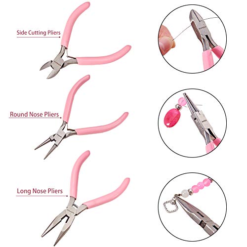 SUNNYCLUE 3pcs Jewelry Pliers Tool Set Professional Precision Tools for DIY Jewelry Making - Side Cutting Long Chain Nose Round Nose Pliers, Pink