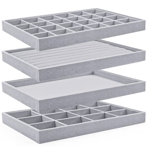 Lainrrew Jewelry Tray, 4 Pack Jewelry Organizer Velvet Jewelry Tray Stackable Jewelry Trays, Necklace & Earring Holder, Divided Bracelet & Ring Storage, 13.8"x9.5"x1.2" - Elegant Display Case (Gray) - color: Gray