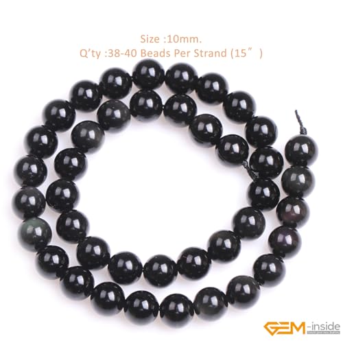 GEM-Inside Natural 10mm Black Obsidian Gemstone Loose Beads Round Energy Power Beads for Jewelry Making 15" - color: Black Obsidian, size: 10mm