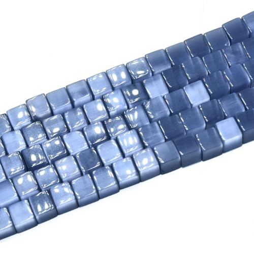 48pcs 8mm Blue Gray Cat's Eye Cube Stone Square Gemstone Beads Semi-Precious Craft Supplies for DIY Jewelry Making - color: Cube8mm Blue Gray
