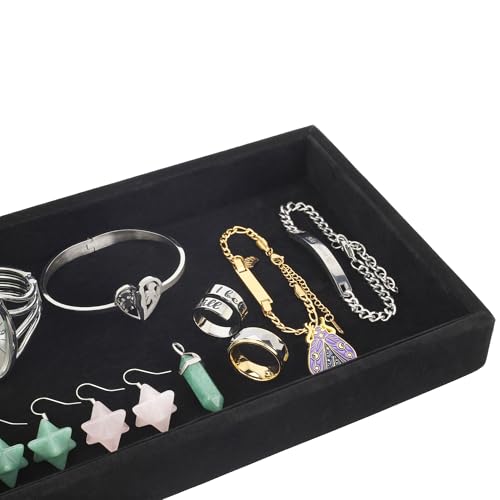 2 Pcs 9" x 5.7" Velvet Jewelry Tray Jewelry Display Tray, Stackable Empty Plate Trays for Earrings Necklaces Bracelet Rings Display Showcase - Black - color: Black, size: Flat Tray 9"x5.7"