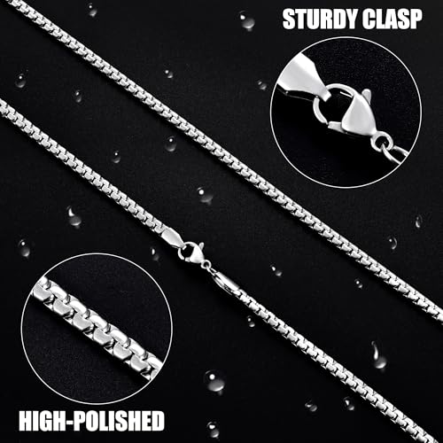 Fiusem Flat Box Chains for Men, 2.5/3/4/4.5/5mm Silver Tone Box Chain Necklace, Stainless Steel Necklaces for Men and Women 16-28 Inches, Jewelry Gift - size: 22 Inches, style: Silver 2.5MM