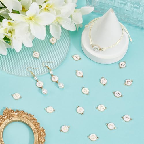 SUNNYCLUE 52Pcs 26 Styles Alphabet Connector Charms Double Link Charm Enamel White Flat Round A to Z Letter Gold Alloy Double Loops Pendants Findings for Jewelry Making Necklaces Bracelets DIY Crafts