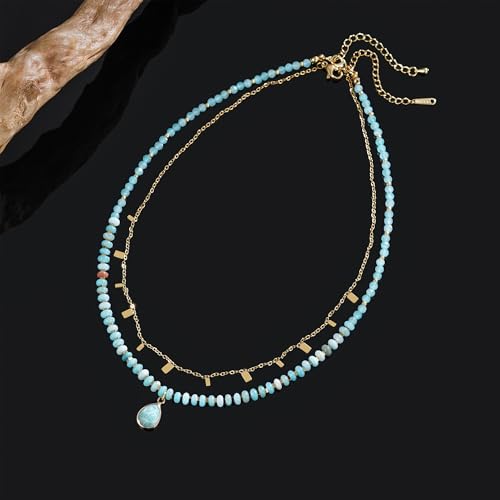 Plumiss Boho Handmade Natural Jasper Stone Beaded Crystal Mixed Strand Short Necklace for Women Girl - color: Amazonite Charm