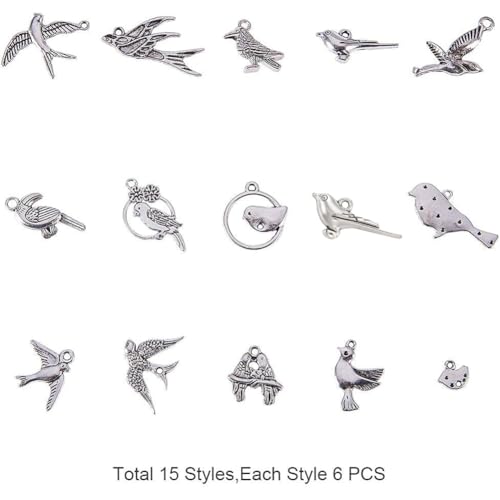 PH PandaHall 15 Style Bird Charms, 90pcs Swallow Charms Tibetan Antique Silver Animal Pendants Beads for DIY Spring Earring Necklace Bracelet Making - color: 15 Styles Bird - 90pcs