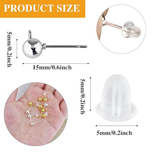 340PCS Ball Earring Studs and Backs for Jewelry Making, 140PCS Round Balls Post Earring Studs with Loop and and 200PCS Clear Backs for DIY Jewelry Making(KC Gold and White K) - color: gold and silver
