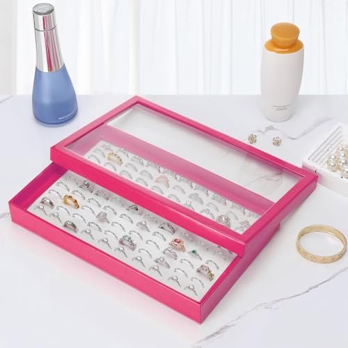 KUKUVR 100 Slots Ring Earring Holder Display Case, Velvet Jewelry Ring Earring Storage Organizer Box Tray with Clear Lid for Women And Selling Show (Pink) - color: Pink