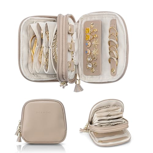 VLANDO Travel Jewelry Case,2-Layer Jewelry Organizer for Travel,Mothers Day Mom Gifts Teacher Gift,Multi-Compartment Jewelry Storage for Rings Earrings Necklaces Bracelets-Toffee - color: Toffee