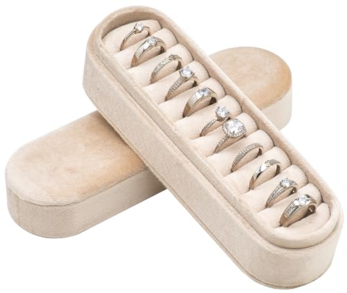 Velvet Small Multiple Ring Box Portable Organizer Display Storage Travel Case Jewelry Earring Holder for Wedding Birthday Christmas Day (Beige) - color: Beige