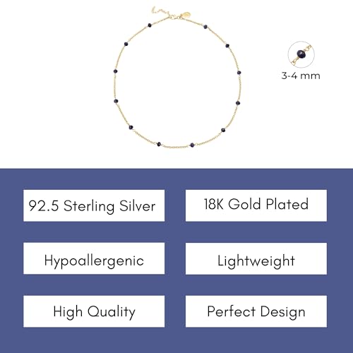 Dainty Gold Necklace for Women,Trendy 18k Gold Vermeil Sterling Silver Choker Necklace Thin Beaded Choker Necklaces Womens Simple Jewelry Gift for Valentines Day - color: September - Blue Sapphire