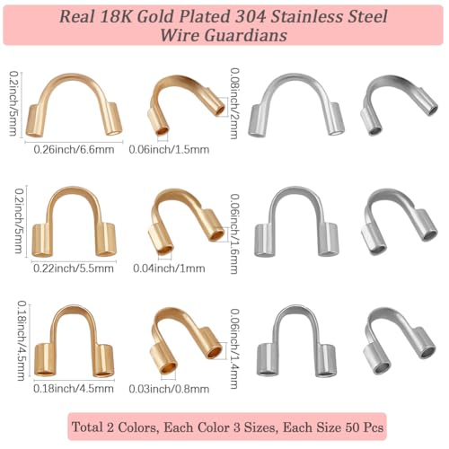 Beebeecraft 300Pcs 6 Styles Wire Guardian U Shape 18K Gold & Sterling Silver Plated 304 Stainless Steel Wire Guard Loops Thread Protector for Jewelry Making Earring Bracelet Necklaces