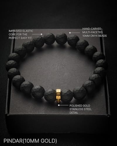 Forge & Foundry Faceted Matte Black Onyx Stone Beaded Bracelet | Custom Signature Stainless Steel Bead | ‘Pindar’ | 8mm and 10mm Bead Desgins | Refined Hand-Crafted Jewelry - color: 10mm Gold, size: Medium