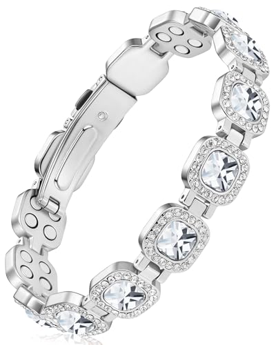 Feraco Pure Copper Bracelets for Women, 4X Ultra Strength Magnetic Bracelet with 3800 Gauss Neodymium Magnets & Dazzling Austrian Cut Crystals Stone, Adjustable Jewelry Gift - style: Radiant Square Shine - Silver