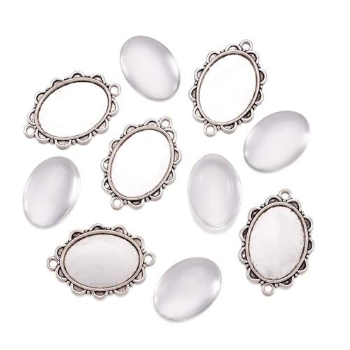 FASHEWELRY 5 Sets Alloy Oval Flower Edge Bezel Pendant Trays with Clear Dome Glass Cabochon Blank Base Connector for DIY Jewelry Making - color: 25x18mm-5 Sets