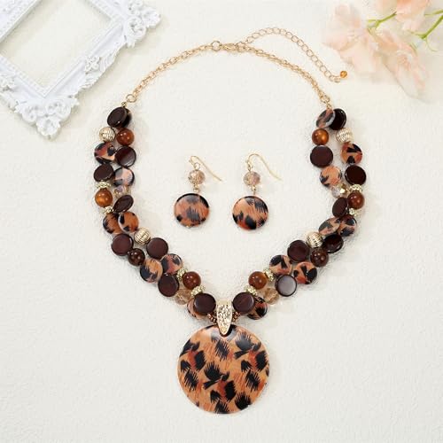 Layered Beads Statement Fashion Necklace Chunky Jewelry Set Big Colorful Glass Stone Circle Shell Pendant Choker Necklace and Earring Set for Women - color: leopard brown