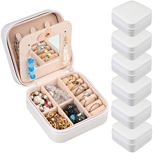 Hillban Bridesmaid Gifts Jewelry Box with Mirror, PU Leather Small Travel Jewelry Case Organizer Storage for Women Girls - color: White