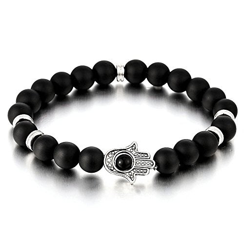 Hamsa Hand of Fatima Protection – Bead Bracelet for Women Men with Black Onyx – Buddhist Prayer Mala